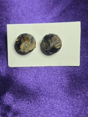 Black and Gold Rutilated Quartz Round Resin Stud Earrings